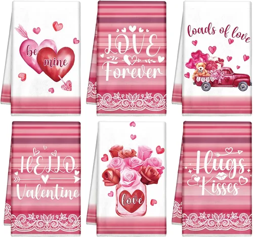 Vista 11 de Patelai 6 toallas de cocina para el día de San Valentín, corazones rojos, a cuadros, camión, té, baño, vacaciones, platos, 21.3 x 14.3 pulgadas