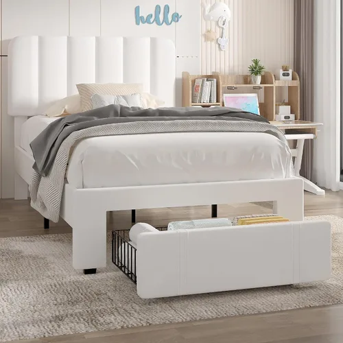 Vista 23 de VECELO Base de cama tapizada de tamaño matrimonial con 4 cajones y cabecero, plataforma de terciopelo, soporte de listones de madera, no necesita