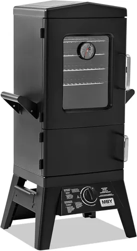 Vista 4 de Parrilla vertical grande para ahumar propano con 4 estantes para barbacoa de gas al aire libre con control de temperatura, diseño resistente