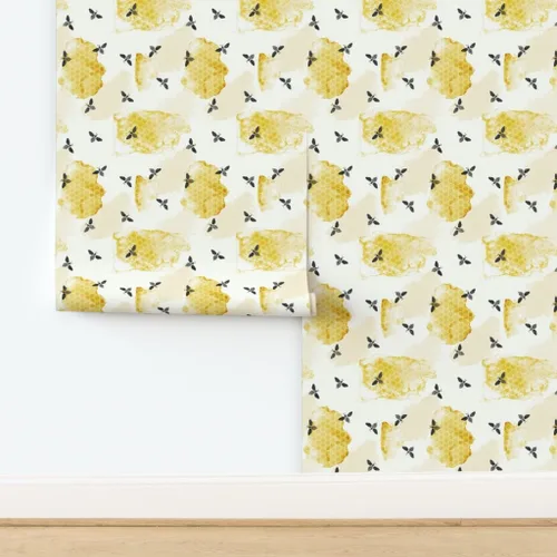 Vista 4 de Spoonflower Papel tapiz autoadhesivo de 3 x 2 pies – Abeja verano jardín acuarela miel oro negro nido de abeja insectos colmena abeja abejas papel