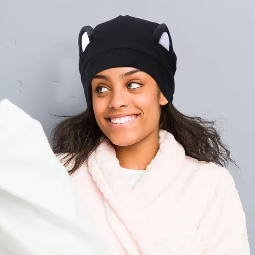 Vista 5 de Hat Hut Gorro de satén de seda para el cabello, gorro de dormir para cabello rizado, gorro ajustable con forro de seda con orejas