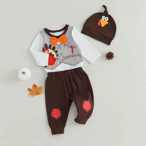 Vista 3 de FIOMVA My First Thanksgiving - Conjunto de 3 piezas para bebé, traje de bebé, pantalones y sombrero, para otoño e invierno