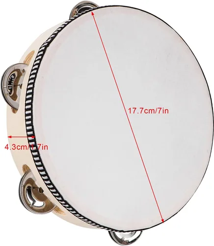 Vista 3 de Panderetas para adultos, tamborina de madera de 7 pulgadas con melancías de metal de abedul, instrumentos musicales de percusión de una sola fila