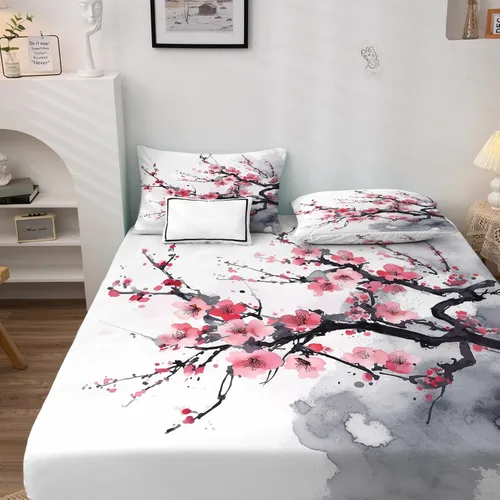 Vista 2 de Juego de sábanas de 3 piezas con estampado de flor de cerezo, tamaño individual, sábanas y fundas de almohada estampadas de Sakura, sábana bajera