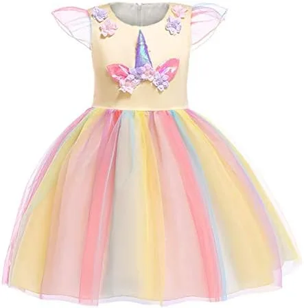 Vista 2 de Eledobby Disfraz de unicornio para niñas, ropa de vestir de princesa de cumpleaños, trajes de Halloween, fiesta de Navidad, vestido de tutú arcoíris
