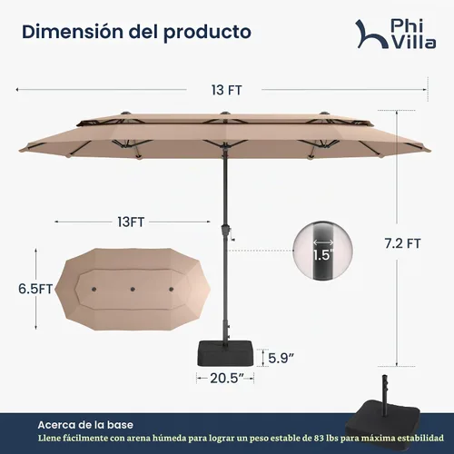 Vista 8 de PHI VILLA Sombrillas para patio al aire libre de 13 pies con base incluida, sombrilla rectangular de doble cara de 2 niveles para exteriores