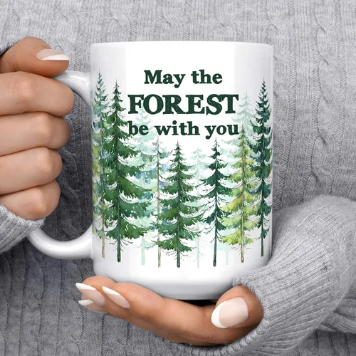 Vista 3 de Taza con texto en inglés «May the Forest Be With You» – Taza de café divertida para amantes de la naturaleza para excursionistas, campistas