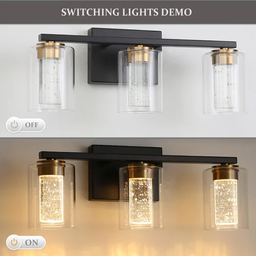 Vista 5 de EMONG Lámpara de baño de 3 luces negras y doradas, luces LED regulables de 5 CCT con vidrio transparente, 2700 K-6500 K, luz de tocador de baño
