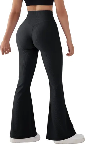 Vista 6 de MOOSLOVER Pantalones de yoga acanalados para mujer, con corte de bota, cintura alta, acampanados, leggings de entrenamiento