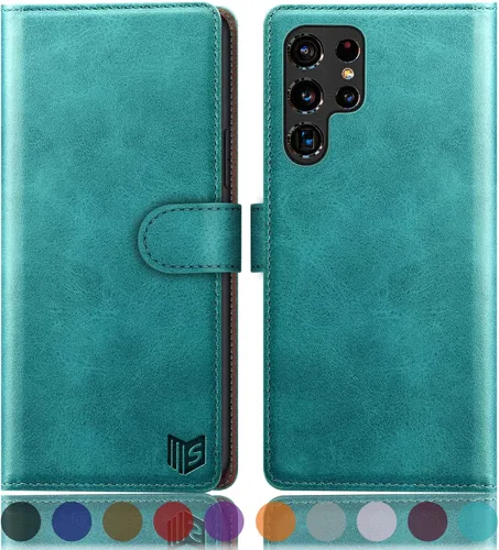 Vista 8 de SUANPOT Funda de piel tipo cartera para Samsung Galaxy S22 Ultra con bloqueo RFID, tarjetero para tarjetas de crédito, funda de teléfono con tapa