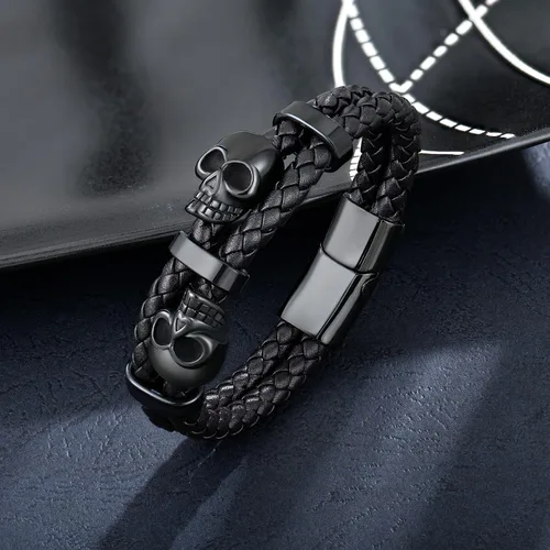 Vista 4 de Pulsera de Cuero de Doble Fila con Calavera para Hombre, Pulsera Trenzada con Calavera Negra o Plateada para Hombre, Joyería Punk Masculina