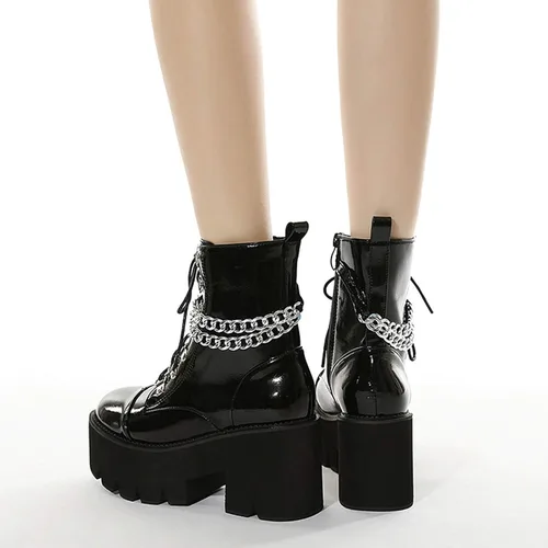 Vista 5 de rui yue Botas de plataforma para mujer, punta redonda, botas de tobillo gruesas, botas punk, con cordones y cremallera, botas de combate
