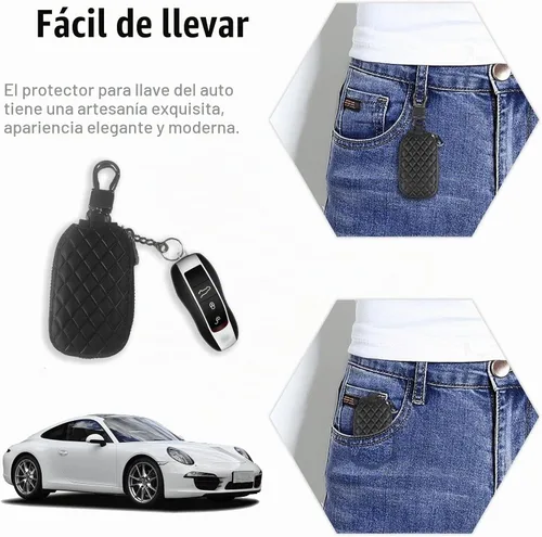 Vista 7 de Funda universal para llave de automóvil, funda de cuero para llavero inteligente, protector antiarañazos con cremallera y gancho de metal