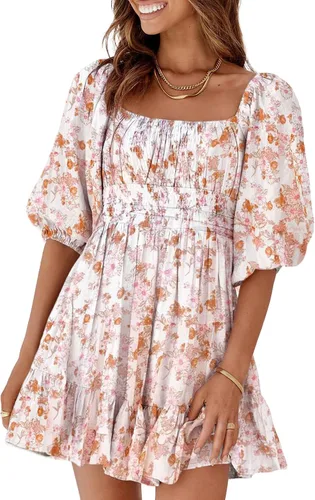 Vista 7 de Dokotoo Women Square Neck Boho Dress Elastic Waist Tie Backless Sexy Dresses