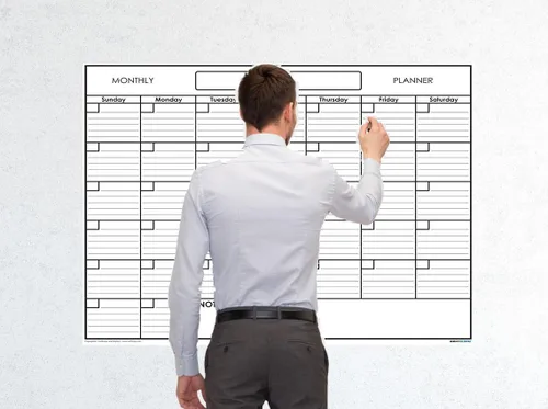 Vista 6 de Calendario de pared SwiftGlimpse blanco reusable para un mes, Se borra con paño húmedo, Planificador laminado de pared