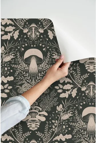 Vista 3 de Papel tapiz para despegar y pegar, diseño de damasco de bosque de hongos, verde oscuro, bosque, caracol, helecho, bellota, papel tapiz extraíble