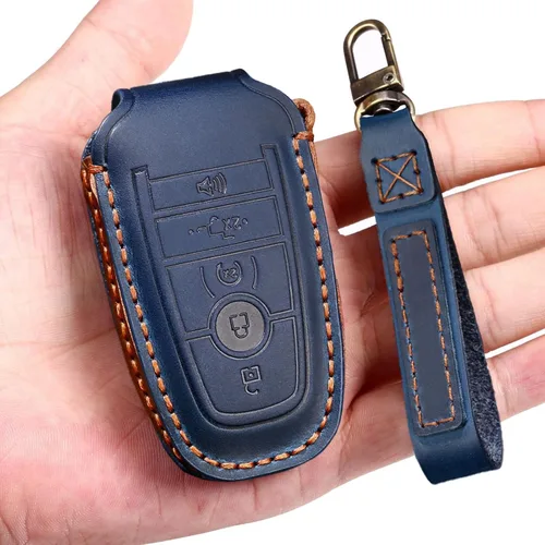 Vista 10 de Funda de cuero para llave de auto para Ford F-150 Mustang, llave inteligente con mando a distancia, funda de 5 botones, color negro
