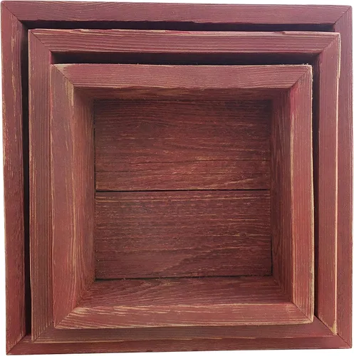 Vista 2 de Caja de sombra de madera reciclada con respaldo de madera, estilo rústico de granero, estantes flotantes, juego de 3 (rojo granero, cuadrado)