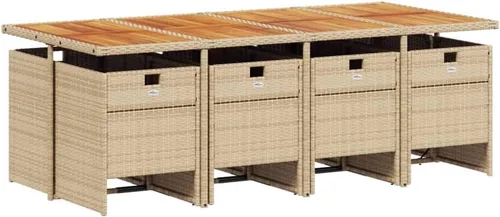 Vista 3 de Juego de comedor de patio de 9 piezas con mesa de ratán de polietileno beige y cojines color crema, muebles de exterior para jardín, patio trasero