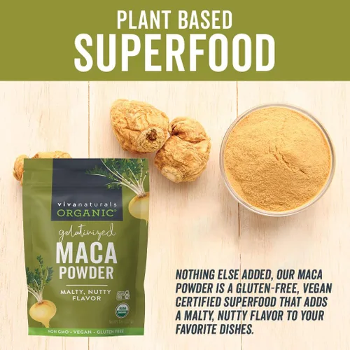 Vista 2 de Polvo de maca orgánico gelatinizado de Viva Naturals, 8 oz – Vegano, USDA orgánico, sin gluten, sin GMO, superalimento peruano en bolsa resellable