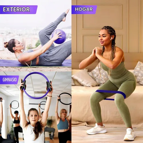 Vista 5 de Juego de anillos de pilates y bolas, kit de pilates para el hogar con anillo de ejercicio de 14 pulgadas, 4 bandas de resistencia
