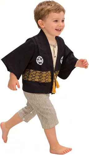 Vista 8 de Traje de kimono para bebé, traje japonés, trajes de algodón samurái para bebés Beige
