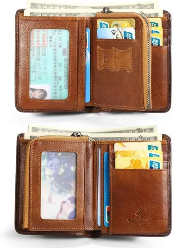 Vista 3 de Billetera para hombre con cremallera de cuero genuino RFID tarjeteros de piel de vaca con cremallera bolsillo para monedas, carteras plegables