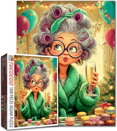 Vista 16 de Rompecabezas de mujer vieja de 1000 piezas para adultos, familias (niña, dama, pizza, naipe, vino tinto, amigas) piezas que encajan perfectamente