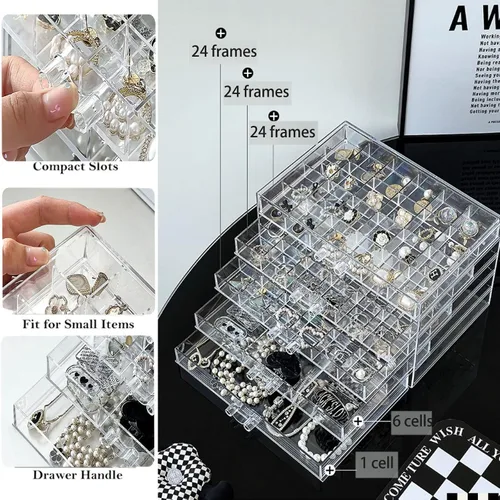 Vista 5 de GOLBD Joyero de acrílico, caja de almacenamiento para aretes, 5 capas120 compartimentos, cajón de compartimentos, estante de almacenamiento