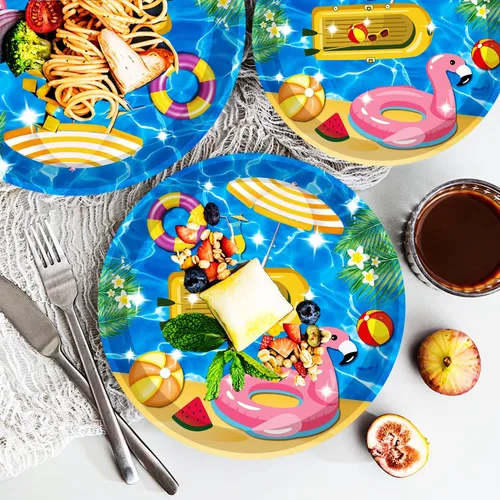 Vista 3 de 40 piezas de suministros para fiesta de playa, pelota de playa, piscina, platos de fiesta de verano de 7 pulgadas, platos de papel para piscina