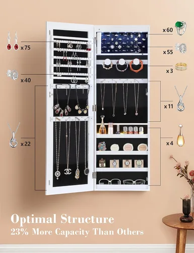 Vista 3 de Nicetree Armario de joyería con espejo de 6 LED, organizador de joyas con cerradura de gran capacidad, espejo montado en puerta o pared