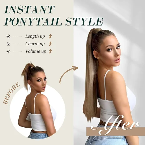 Vista 6 de FESHFEN Extensiones de Cola de Caballo - 24 Pulgadas de Largo Liso Rubio Dorado Envolvente Colas de Caballo Sintéticas Pieza de Cabello Extensiones