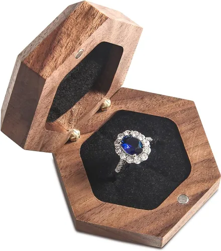 Vista 4 de Caja de madera para anillos para propuestas y anillos de compromiso, perfecta para anillos de compromiso, caja de regalo para anillos pequeños