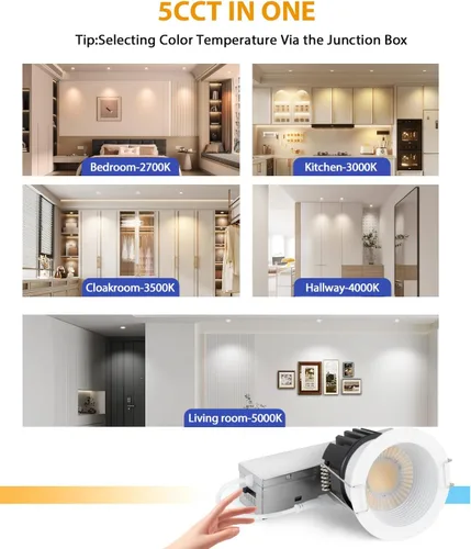 Vista 6 de Adetu lámpara de techo empotrable antirreflejos LED de 2 pulgadas, 5 CCT, con caja de conexiones, 2700K/3000K/4000K/5000K seleccionables, CRI90+, 8