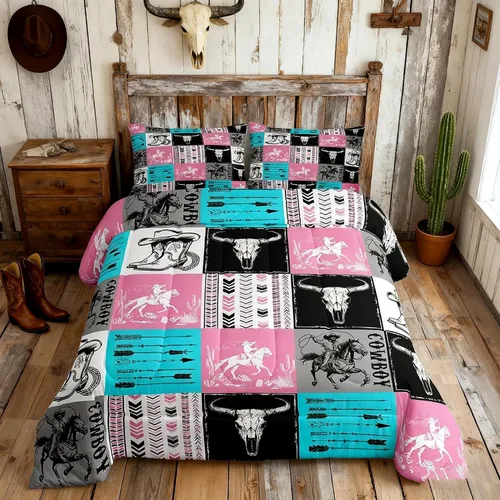 Vista 14 de Manfei Juego de edredón de vaquero occidental tamaño individual, juego de ropa de cama con estampado de calavera de toro, caballo y flecha, 2 piezas
