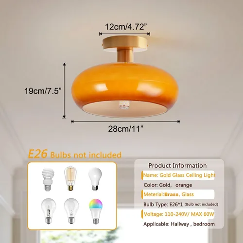Vista 2 de Lámpara de techo empotrada de cristal naranja moderna cerca del techo con pantalla de vidrio de leche de 11 pulgadas, lámpara de montaje empotrado
