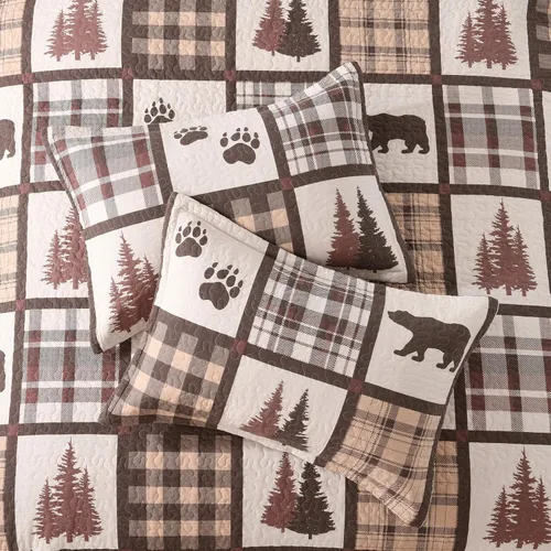 Vista 10 de Juego de edredón 100% algodón, tamaño Queen, juego de ropa de cama de retazos marrón y blanco, colcha rústica con patrón de oso de cabaña, colcha