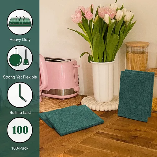 Vista 5 de Paquete de 100 estropajos resistentes, almohadillas verdes para fregar, 3 x 4 pulgadas Almohadillas reutilizables para limpieza, no rayan