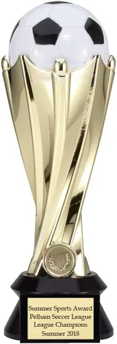 Vista 3 de SHOP AWARDS AND GIFTS Trofeo de fútbol personalizable de la Copa del Mundo de plástico de 9 pulgadas sobre una base negra, incluye personalización