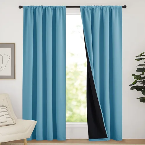 Vista 22 de NICETOWN Biscotti Beige 100% Cortinas opacas de 45" de largo para cocina, bolsillo con varilla para sótano completamente opaco, cortinas térmicas
