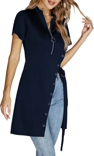 Vista 3 de Rooscier Blusa larga acanalada con cuello en V profundo y manga corta asimétrica dividida para mujer