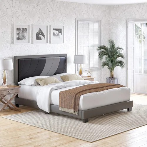 Vista 18 de Beaumont - Cama de plataforma tapizada con cabecero, base de colchón con 14 soportes de listones de madera, no requiere somier, piel sintética