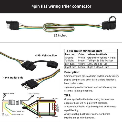 Vista 2 de Hoypeyfiy Kit de arnés de cableado de luz de remolque, 4 cables, enchufe de 4 vías, 4 pines, extensión de cable plano, conector macho y hembra de 32