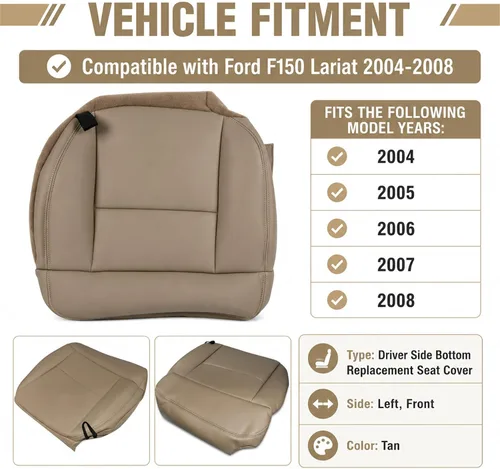 Vista 4 de Funda de Asiento Inferior del Lado Izquierdo Delantero del Conductor de Repuesto de Cuero Beige Tostado Compatible con Ford F150 Lariat XL XLT 2004