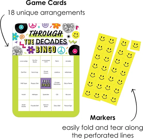 Vista 2 de Big Dot of Happiness A través de las décadas - Tarjetas de bingo y marcadores - Juego de bingo de fiesta de los años 50, 60, 70, 80 y 90 - Juego