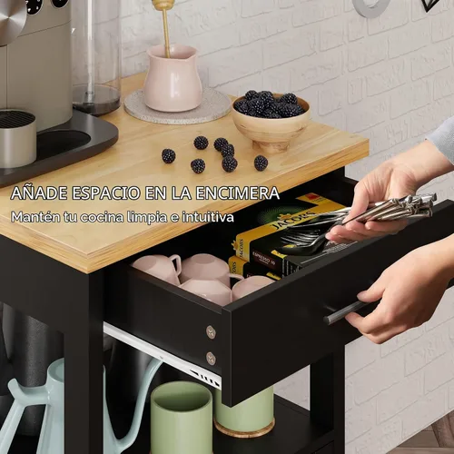 Vista 4 de Shintenchi - Carrito de isla de cocina con almacenamiento, mesa rodante Negro-22 pulgadas