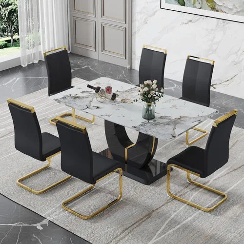 Vista 60 de JUFU Juego de mesa de comedor moderno para 4, juego de mesa de cocina rectangular de 63 pulgadas con mesa de mármol sintético y 4 sillas tapizadas