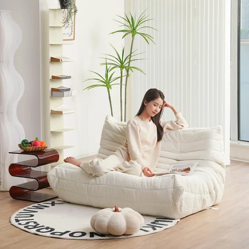Vista 4 de N&V Fireside Sofá de Dos Plazas, Sofá de Piso Tamaño Twin de Mediados de Siglo sin Brazos, Silla Lounge de Piso de Pana Premium Suave, Silla