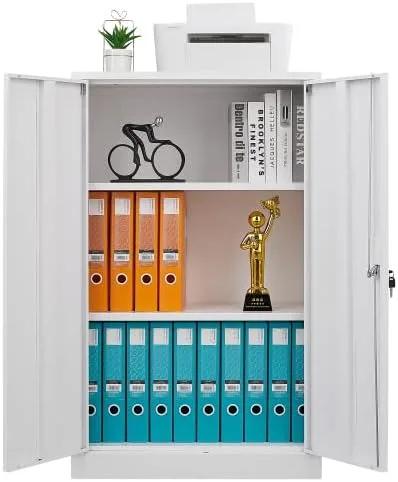 Vista 4 de Armario de almacenamiento de metal con puertas y 3 estantes, armario de garaje de acero con cerradura de espacio grande de 42 pulgadas