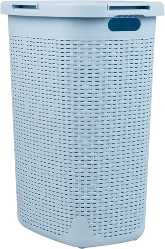 Vista 7 de Mind Reader Cesta de lavandería delgada con tapa, cesta de ropa de 60 L, diseño de mimbre premium, plástico, azul bebé